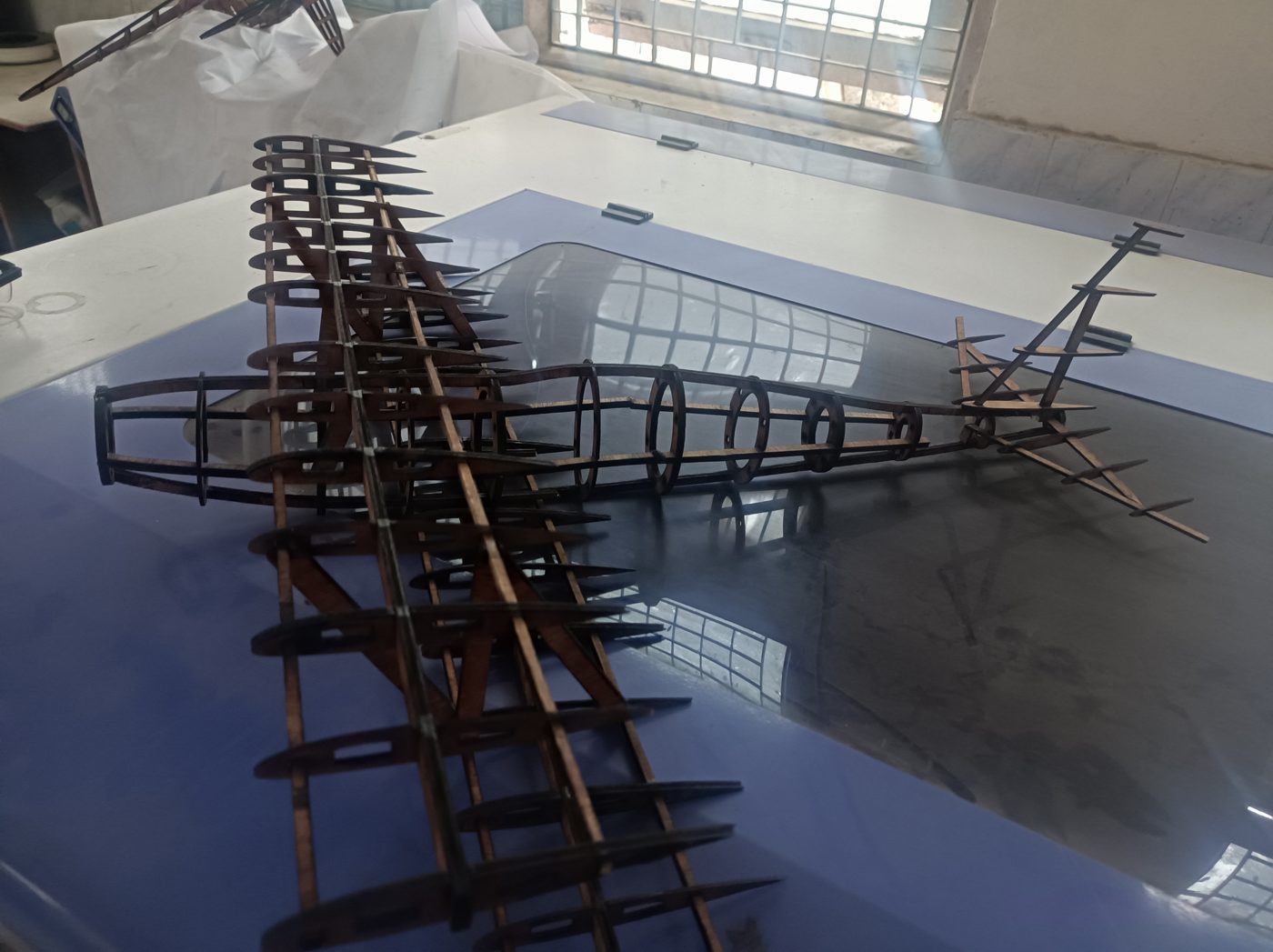 Assembled airframe on the workshop table, wing side