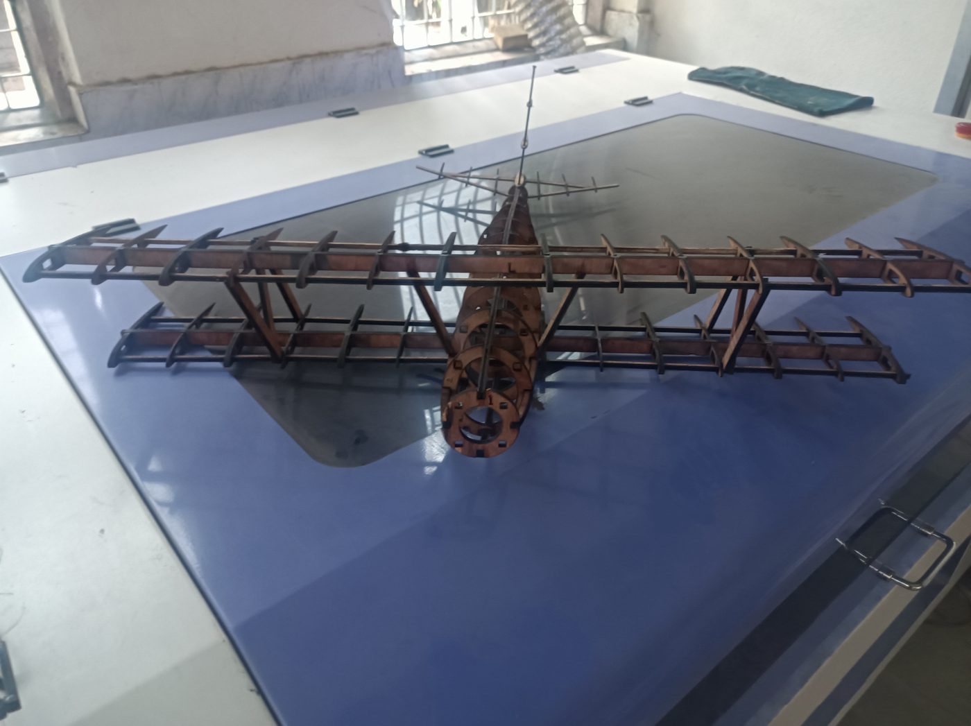Assembled airframe on the workshop table, front side